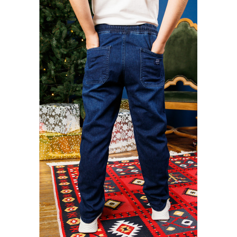 Джинсы Altun мом для мальчика 10-16 лет флис теплые с резинкой на поясе , Синий 146