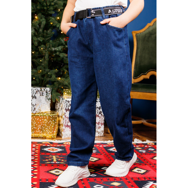 Джинсы Altun мом для мальчика 10-16 лет флис теплые с резинкой на поясе и ремнем , Синий 146