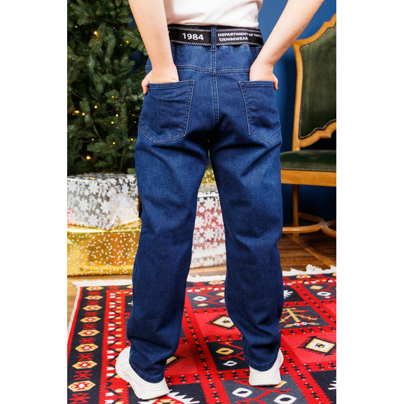 Джинсы Altun мом для мальчика 10-16 лет флис теплые с резинкой на поясе и ремнем , Синий 146