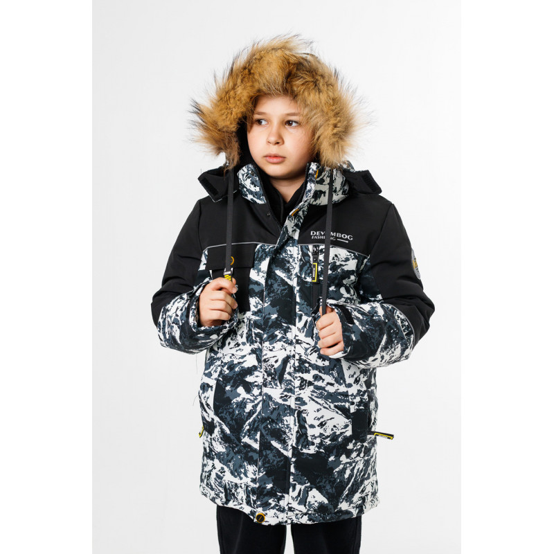 Куртка зима Shengyuan для мальчика 5-10 лет , Черный с белым, 140