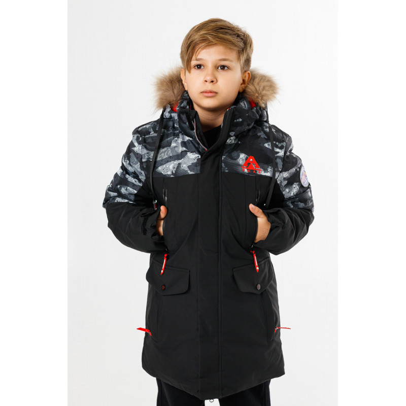 Куртка зима WKAS для мальчика 10-16 лет , Черный с красным, 146