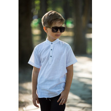 Рубашка для мальчика Varetti 6–16 лет, короткий рукав, лен с хлопком, воротник-стойка , Белый, 122