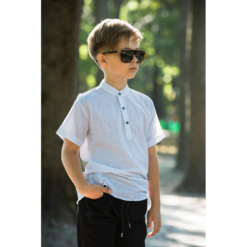 Рубашка для мальчика Varetti 6–16 лет, короткий рукав, лен с хлопком, воротник-стойка , Белый, 122