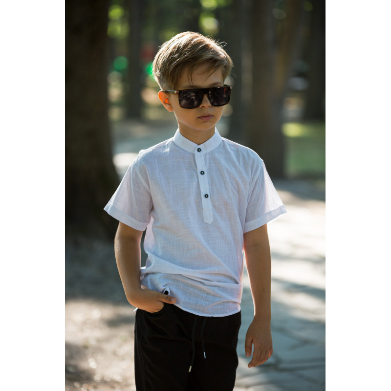 Рубашка для мальчика Varetti 6–16 лет, короткий рукав, лен с хлопком, воротник-стойка , Белый, 122