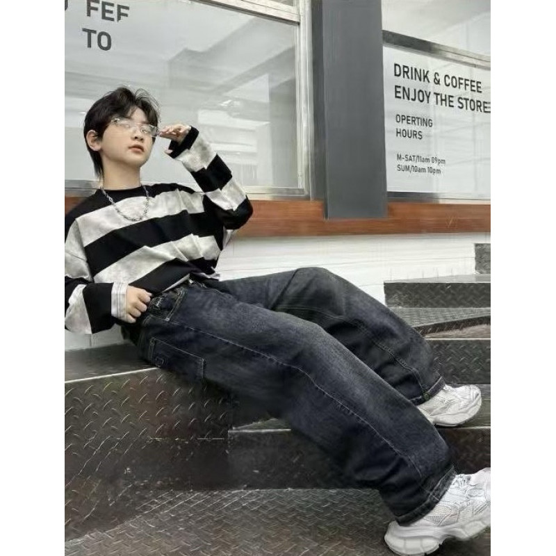 Широкие джинсы скейтеры NLYB для мальчика подростка с поясом на резинке baggy 10–16 лет , Синий 160