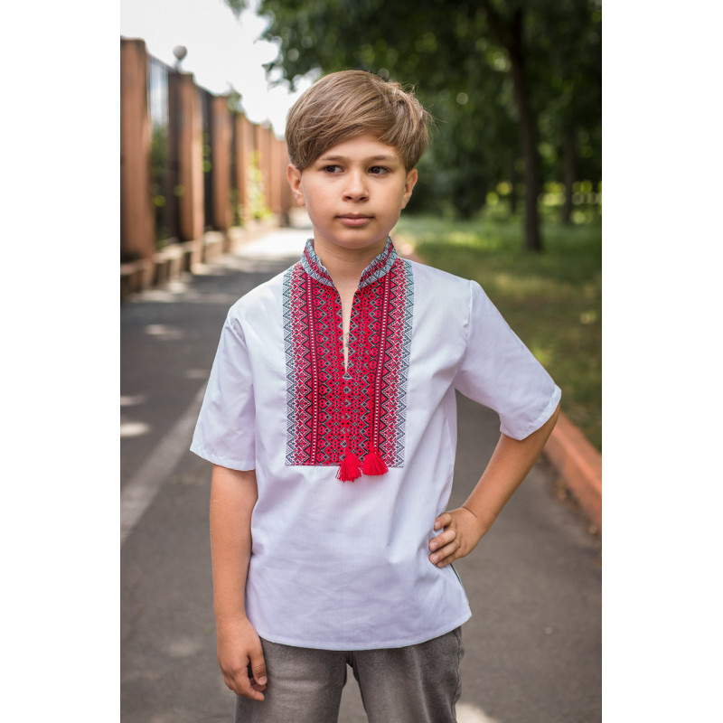 Вышиванка для мальчика Козачок 7–13 лет, короткий рукав, поплин, 122,  Белый с красным