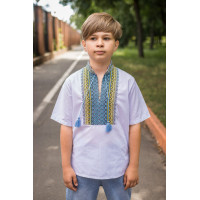 Вышиванка для мальчика Козачок 7–13 лет, короткий рукав, поплин, 158,  Белый с синим
