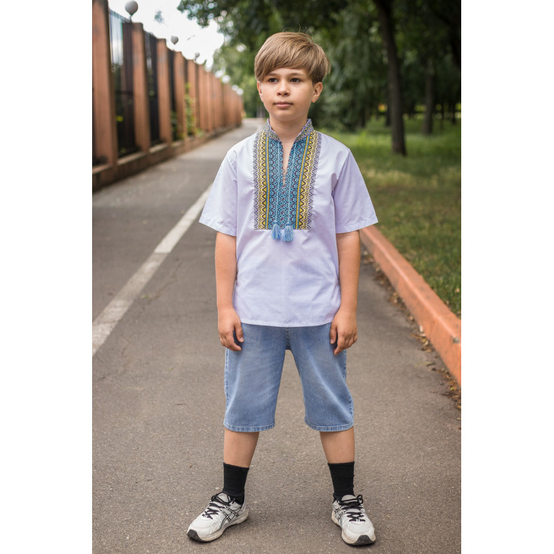 Вышиванка для мальчика Козачок 7–13 лет, короткий рукав, поплин, 158,  Белый с синим