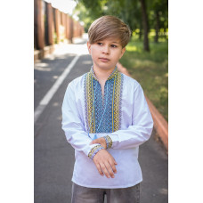 Детская вышиванка с домотканными вставками, натуральная ткань, на возраст 6–13 лет,122,  Белый с синим