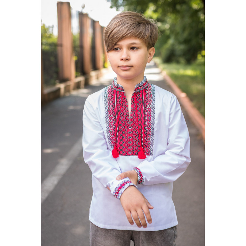 Детская вышиванка с домотканными вставками, натуральная ткань, на возраст 6–13 лет,122,  Белый с синим