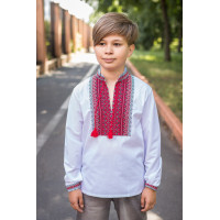 Детская вышиванка с домотканными вставками, натуральная ткань, на возраст 6–13 лет,158,  Белый с красным