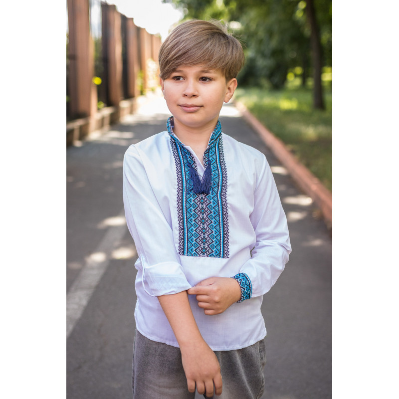 Рубашка-вышиванка для мальчика 6–12 лет, поплин, трансформер, домотканая вышивка,116,  Белый с синим