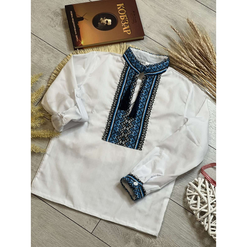 Рубашка-вышиванка для мальчика 6–12 лет, поплин, трансформер, домотканая вышивка,116,  Белый с синим