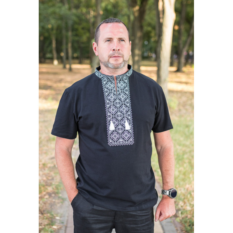 Мужская футболка-вышиванка Kosar с натуральной вышивкой, хлопок, L,Черный с серым