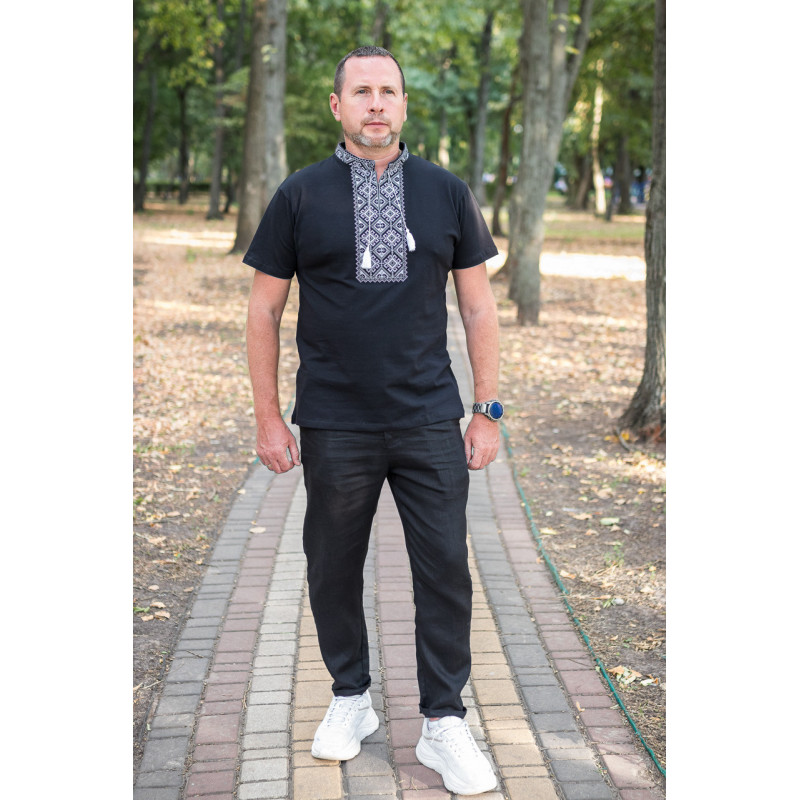 Мужская футболка-вышиванка Kosar с натуральной вышивкой, хлопок, S,Черный с серым