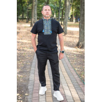 Мужская футболка-вышиванка тёмно-синяя с жёлто-синей вышивкой, Kosar ,M,Темно-синий