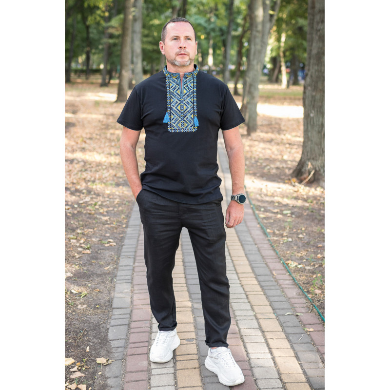 Мужская футболка-вышиванка тёмно-синяя с жёлто-синей вышивкой, Kosar ,XXL,Темно-синий