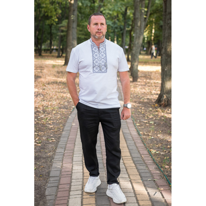 Мужская футболка-вышиванка Kosar с натуральной вышивкой, хлопок,4XL,Белый с серым