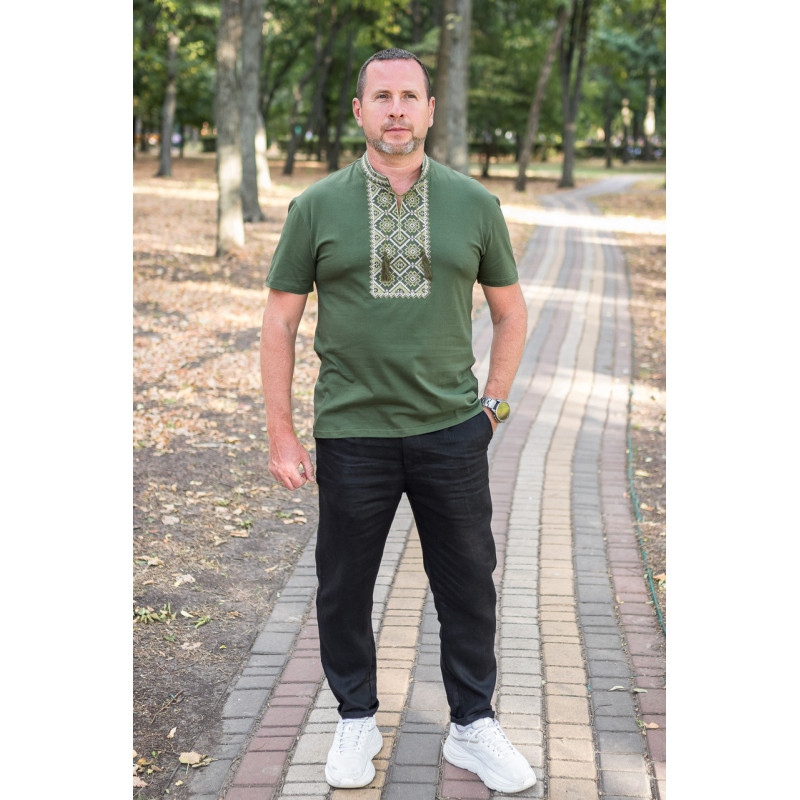 Мужская футболка-вышиванка Kosar с натуральной вышивкой, хлопок,L,Хаки