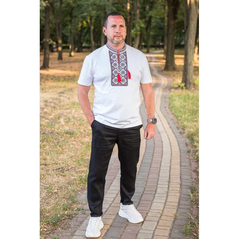 Мужская футболка-вышиванка Kosar с натуральной вышивкой, хлопок,XL,Белый с красным