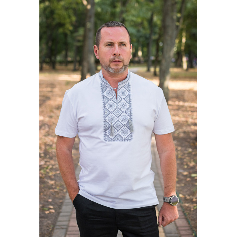 Мужская футболка-вышиванка Kosar с натуральной вышивкой, хлопок,S,Белый с серым