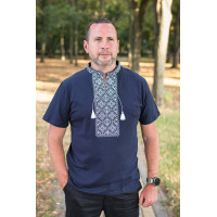 Мужская футболка-вышиванка Kosar большого размера, хлопок, натуральная вышивка,4XL,Темно-синий с серым