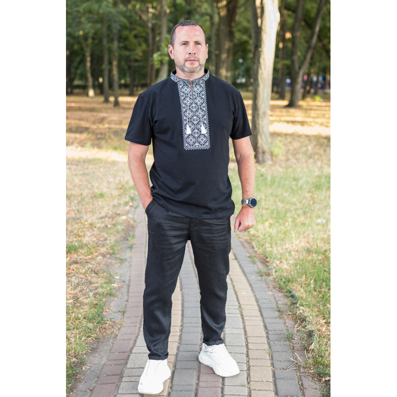 Мужская футболка-вышиванка Kosar большого размера, хлопок, натуральная вышивка,XXXL,Черный с серым