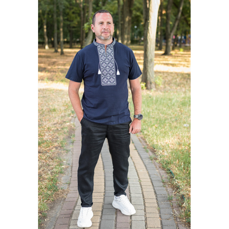 Мужская футболка-вышиванка Kosar большого размера, хлопок, натуральная вышивка,5XL,Темно-синий с серым