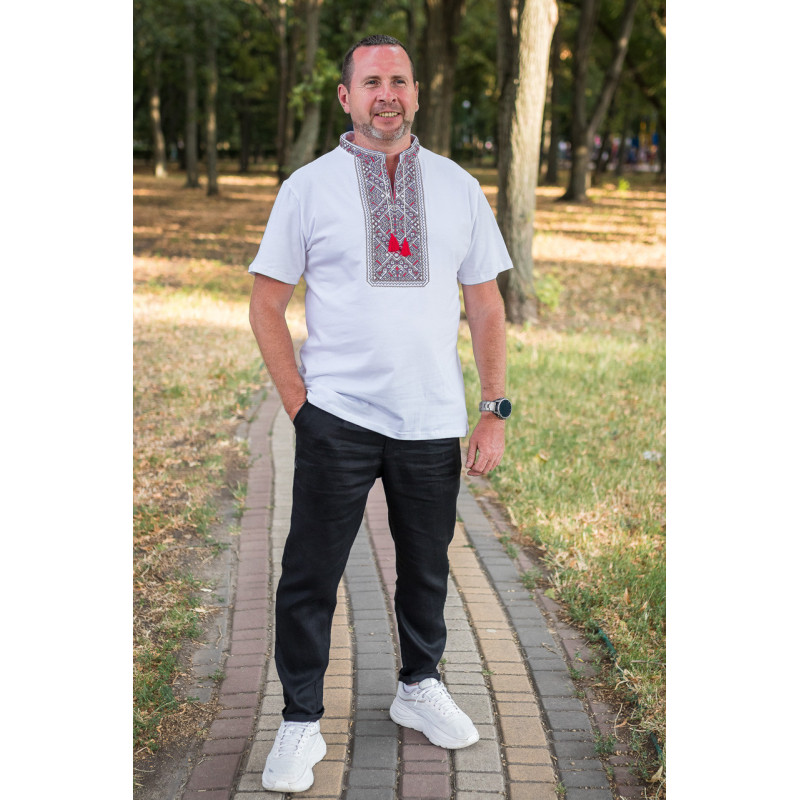 Мужская футболка-вышиванка Kosar большого размера, хлопок, натуральная вышивка5XL,Белый с красным