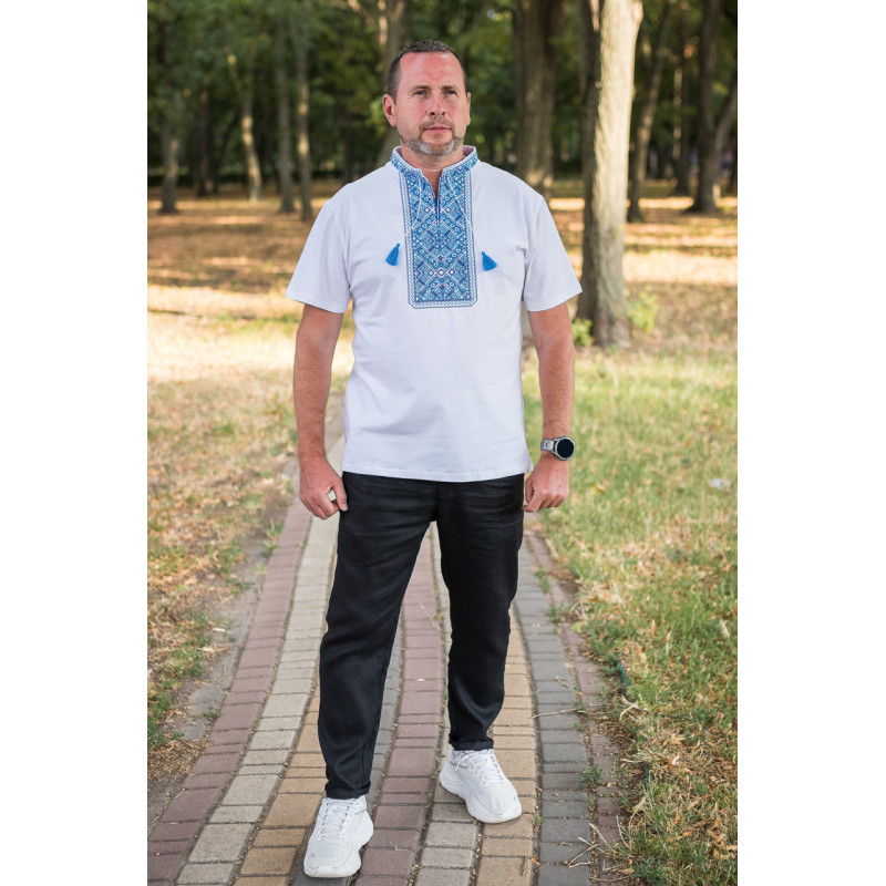 Мужская футболка-вышиванка Kosar большого размера, хлопок, натуральная вышивка4XL,Белый с синим
