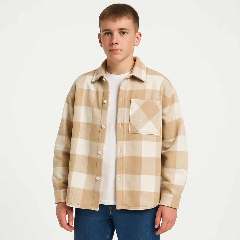 Рубашка подростковая оверсайз кашемир тёплая шерстяная 10-16 лет , Коричневый ,164