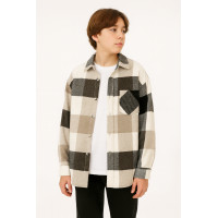 Рубашка подростковая оверсайз кашемир тёплая шерстяная 10-16 лет , Бежевый с черным ,140