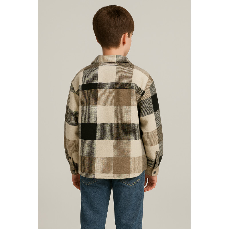 Рубашка подростковая оверсайз кашемир тёплая шерстяная 10-16 лет , Бежевый с черным ,140