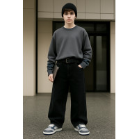 Джинсы LNYB теплые багги скейтеры на флисе для мальчика 9-13 лет, широкие утепленные,Черный 134