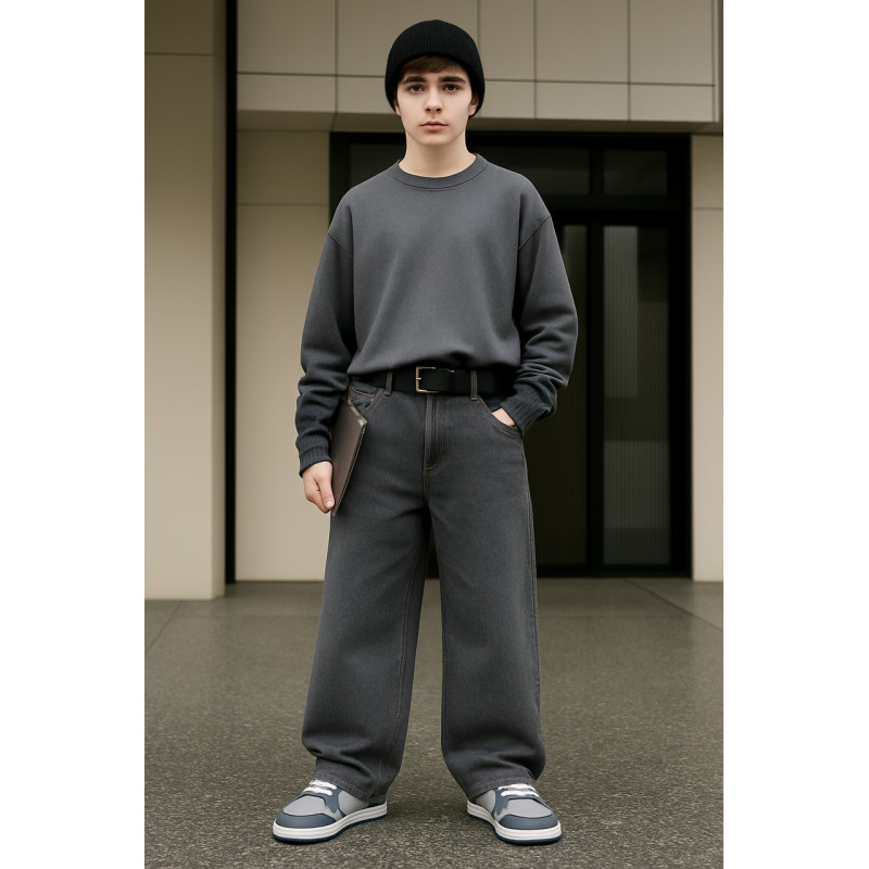 Джинсы LNYB теплые багги скейтеры на флисе для мальчика 9-13 лет, широкие утепленные,Черный 134