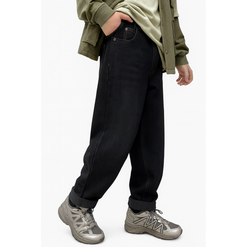 Джинсы LNYB мом теплые широкие для мальчика 11–17 лет на флисе, скейтерские зимние,Черный 146