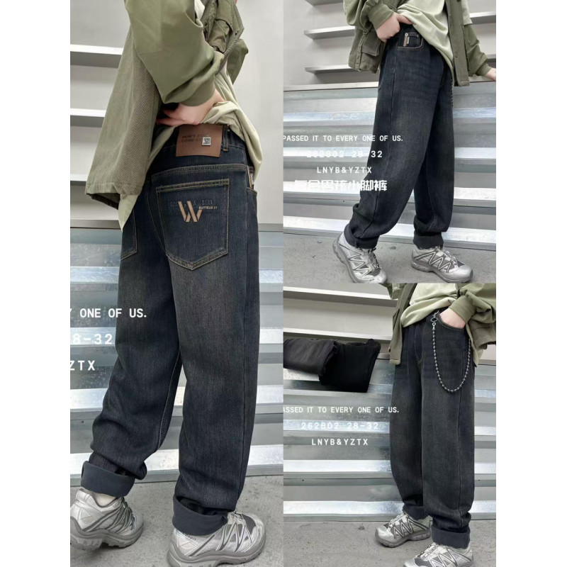 Джинсы LNYB мом теплые широкие для мальчика 11–17 лет на флисе, скейтерские зимние,Черный 146