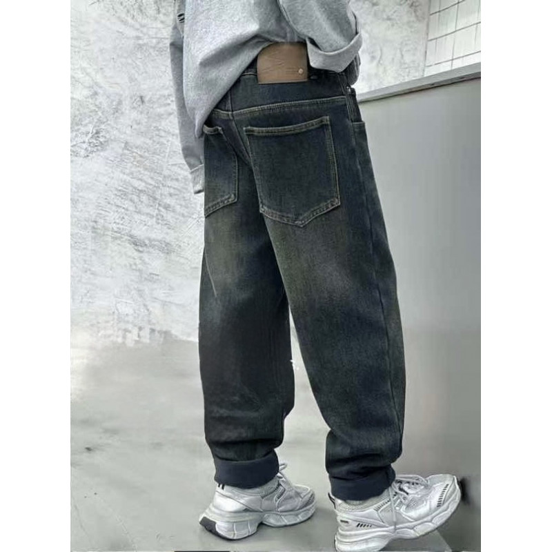 Джинсы LNYB MOM тёплые на флисе для мальчика 9–13 лет — широкие, зимние,Темно-синий 158