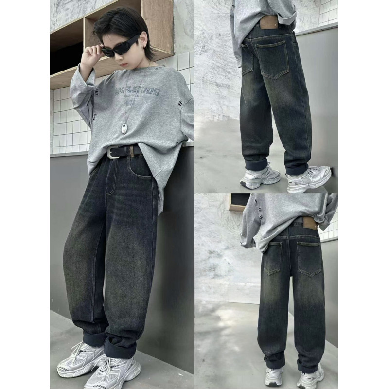 Джинсы LNYB MOM тёплые на флисе для мальчика 9–13 лет — широкие, зимние,Темно-синий 158