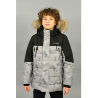 Куртка WKAS для мальчика 8-12 лет зимняя теплая с капюшоном и натуральным мехом,Серый, 128