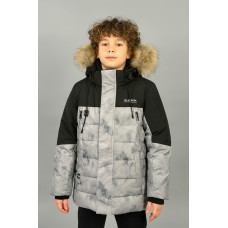 Куртка WKAS для мальчика 8-12 лет зимняя теплая с капюшоном и натуральным мехом,Серый, 128