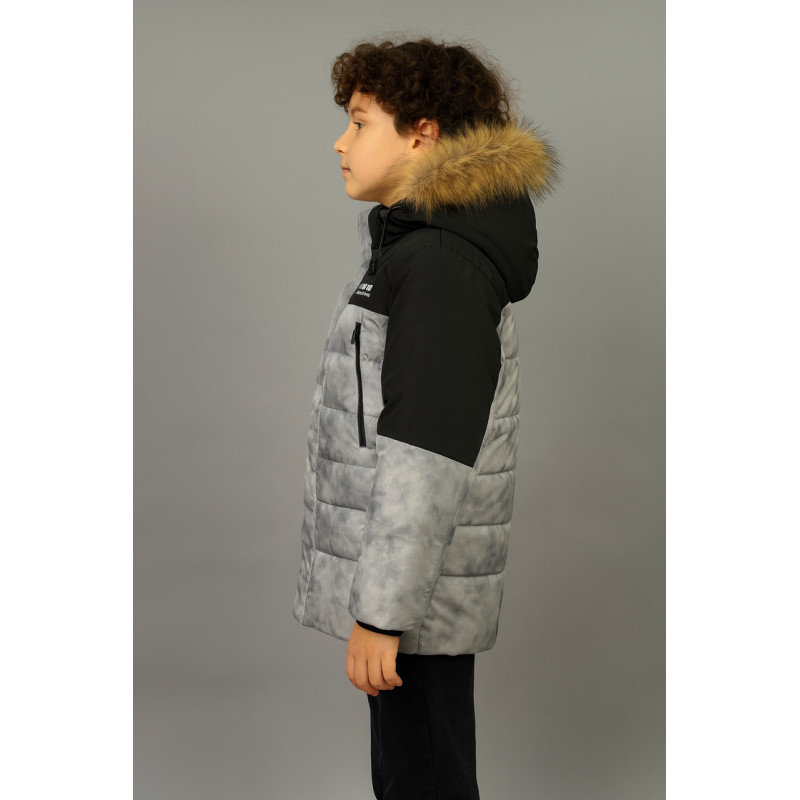 Куртка WKAS для мальчика 8-12 лет зимняя теплая с капюшоном и натуральным мехом,Серый, 128