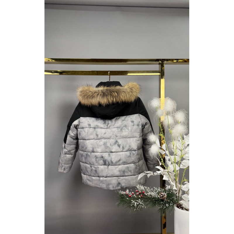 Куртка WKAS для мальчика 8-12 лет зимняя теплая с капюшоном и натуральным мехом,Серый, 128
