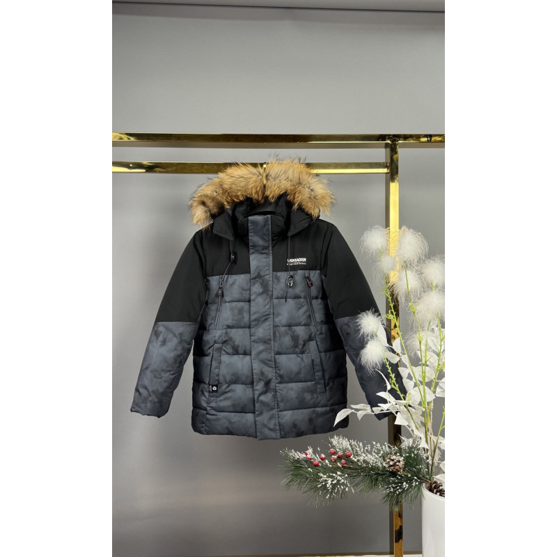 Куртка WKAS для мальчика 8-12 лет зимняя теплая с капюшоном и натуральным мехом,Серый, 128