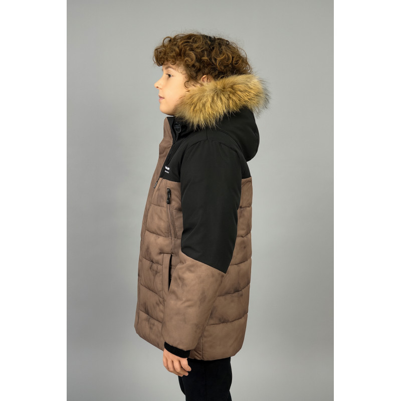 Куртка WKAS для мальчика 8-12 лет зимняя теплая с капюшоном и натуральным мехом,Коричневый, 152