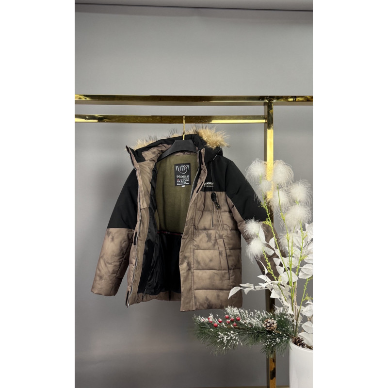 Куртка WKAS для мальчика 8-12 лет зимняя теплая с капюшоном и натуральным мехом,Коричневый, 152