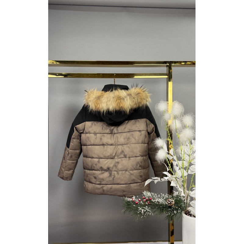 Куртка WKAS для мальчика 8-12 лет зимняя теплая с капюшоном и натуральным мехом,Коричневый, 152