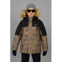 Куртка WKAS для мальчика 8-12 лет зимняя теплая с капюшоном и натуральным мехом,Коричневый, 152