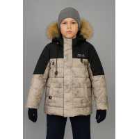 Куртка WKAS для мальчика 8-12 лет зимняя теплая с капюшоном и натуральным мехом,Оливковый,152