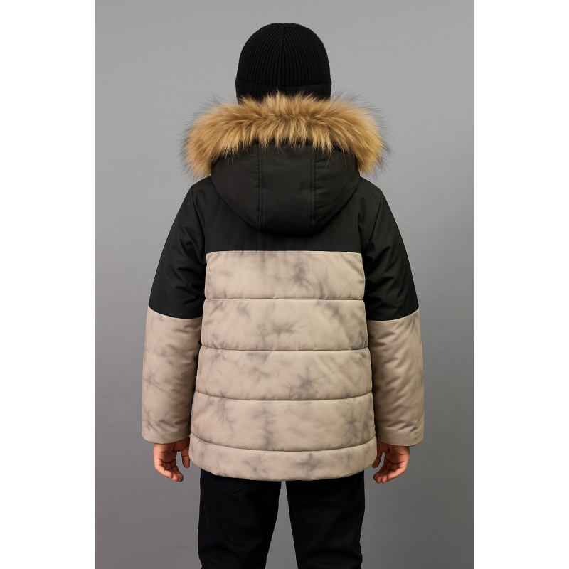 Куртка WKAS для мальчика 8-12 лет зимняя теплая с капюшоном и натуральным мехом,Оливковый,152